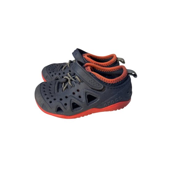 Kids Crocs Navy/Red Closed-Toe Water Shoes With Velcro Strap & Pull Tab - Size 7 - Picture 1 of 7